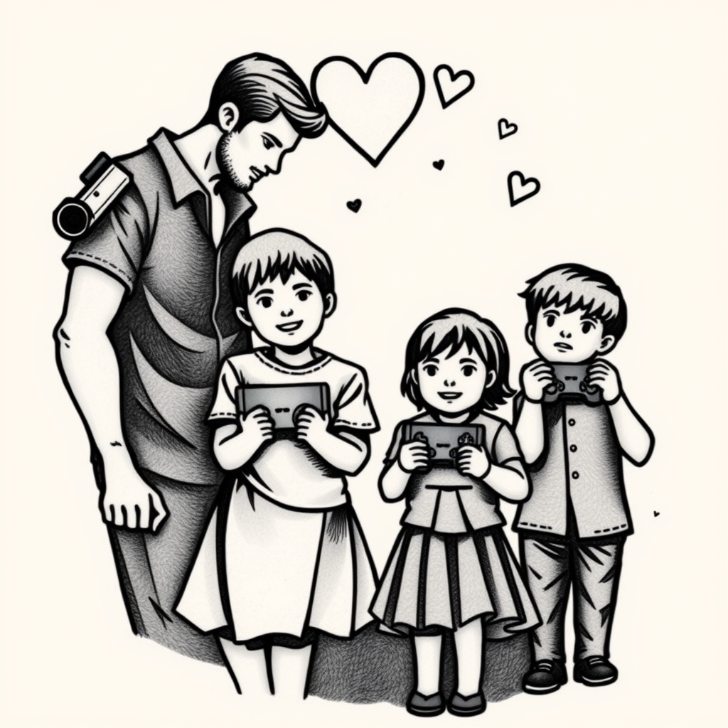 A tattoo design of Video games love family 1 wife 2 boys 1 girl  in the style of geometric. - family tree tattoo design generated by AI tattoo generator