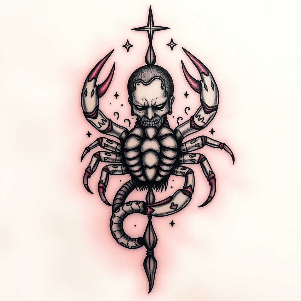A tattoo design of Denis, Scorpio, Neuburg in the style of surrealistic. - zodiac symbol tattoo design generated by AI tattoo generator