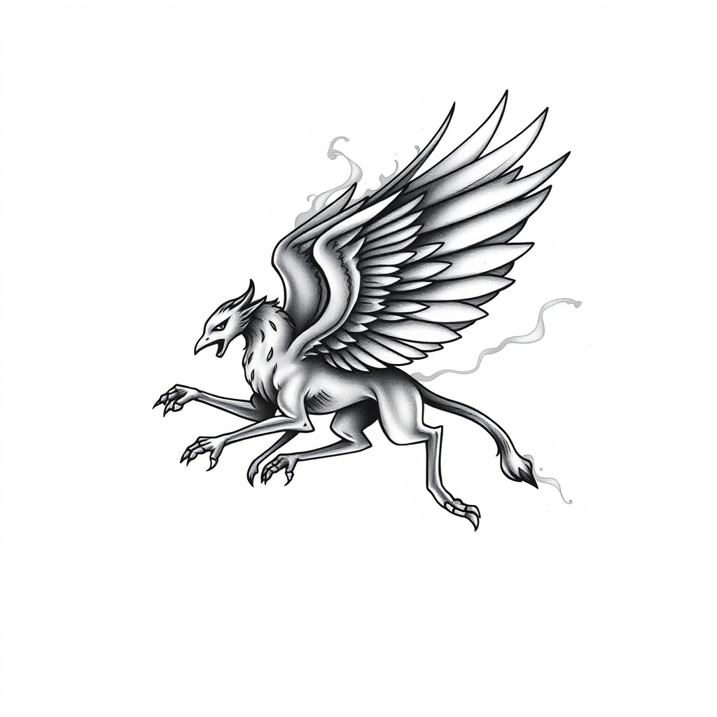 A tattoo design of A griffen in flight made of smoke in the style of minimalist. - mythical creatures tattoo design generated by AI tattoo generator