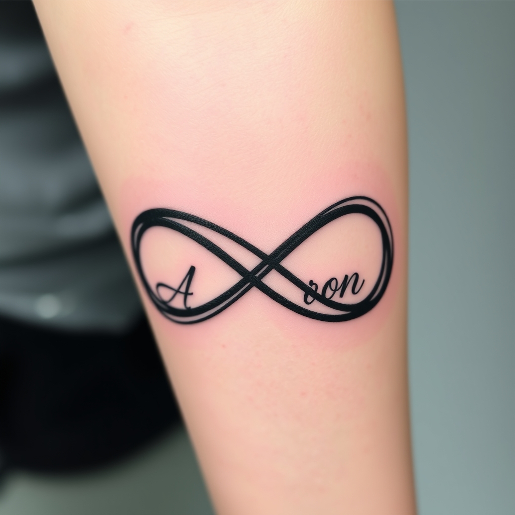 A tattoo design of Infinity symbol with the name Aaron in the style of blackwork. - infinity symbol tattoo design generated by AI tattoo generator