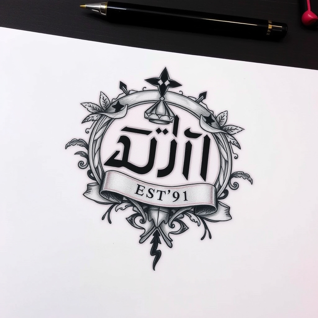 A tattoo design of ╭────────────────────╮ │ ∞∞∞∞∞∞∞∞∞∞∞∞ │ │ / \__/ │ │ C/ \ │ │ / \ │ │ \ / │ │ \ S EST ’91│ │ \_____/‾‾‾‾\_____/ │ ╰────────────────────╯ in the style of realistic. - symbolic design tattoo design generated by AI tattoo generator