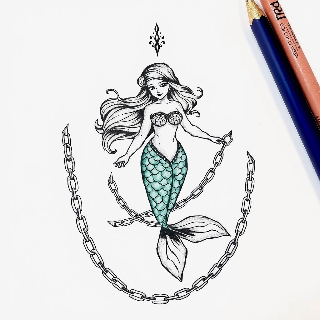 A tattoo design of Mermaid, chains in the style of abstract. - mythical creatures tattoo design generated by AI tattoo generator
