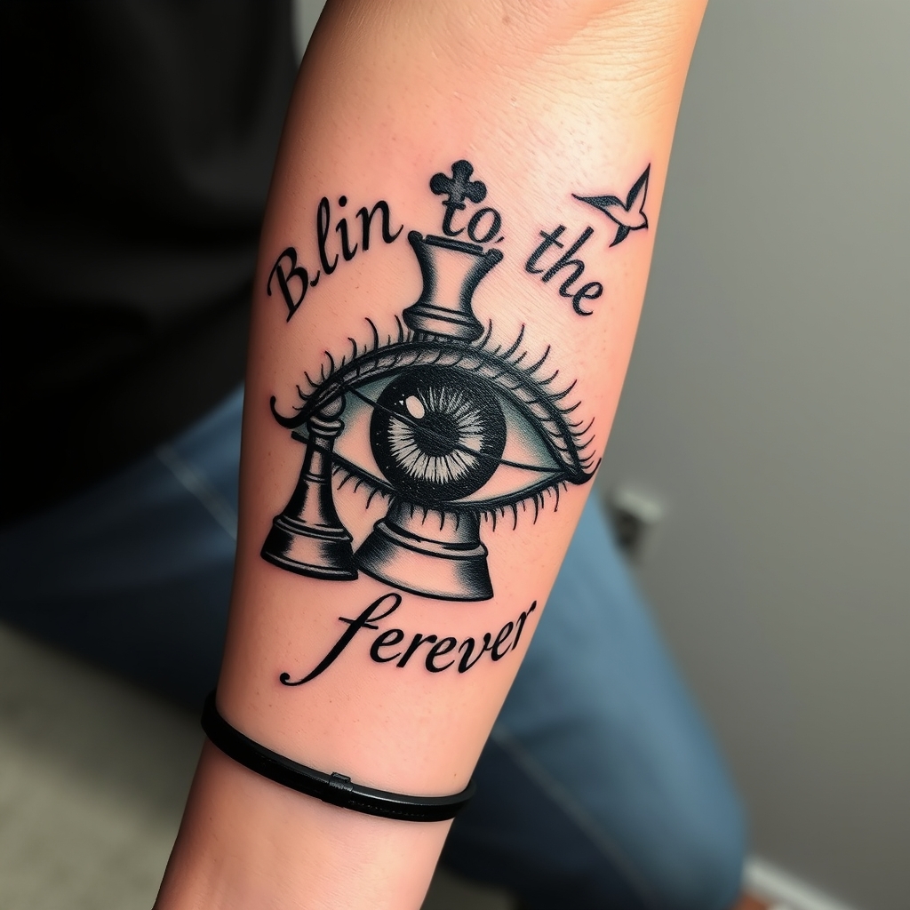 A tattoo design of Blind to the hate words with an eye with a line through it with a chess piece king and forever Deloris Howze and Marian Howze on my wrist with small birds flying around my arm as a forearm piece in the style of realistic. - family tribute tattoo design generated by AI tattoo generator