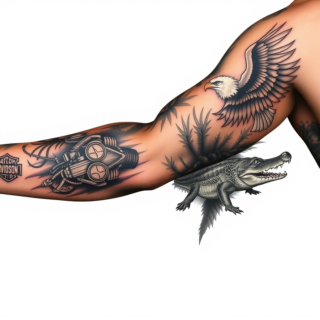 A tattoo design of Right arm full sleeve with the upper containing Harley Davidson theme with eagles mixed with the lower of Florida swamp theme with alligator in the style of realistic. - motorcycles wildlife tattoo design generated by AI tattoo generator