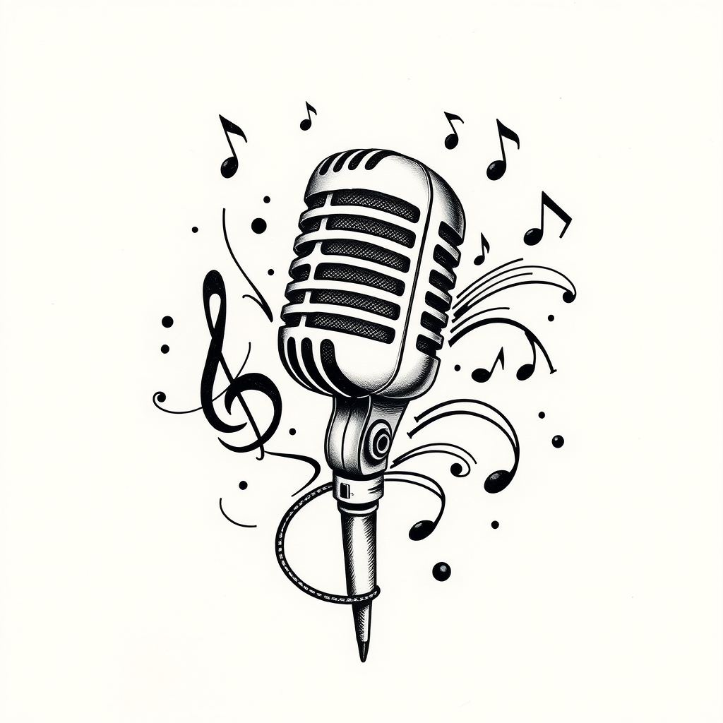 A tattoo design of vintage microphone around music notes in the style of blackwork. - music equipment tattoo design generated by AI tattoo generator