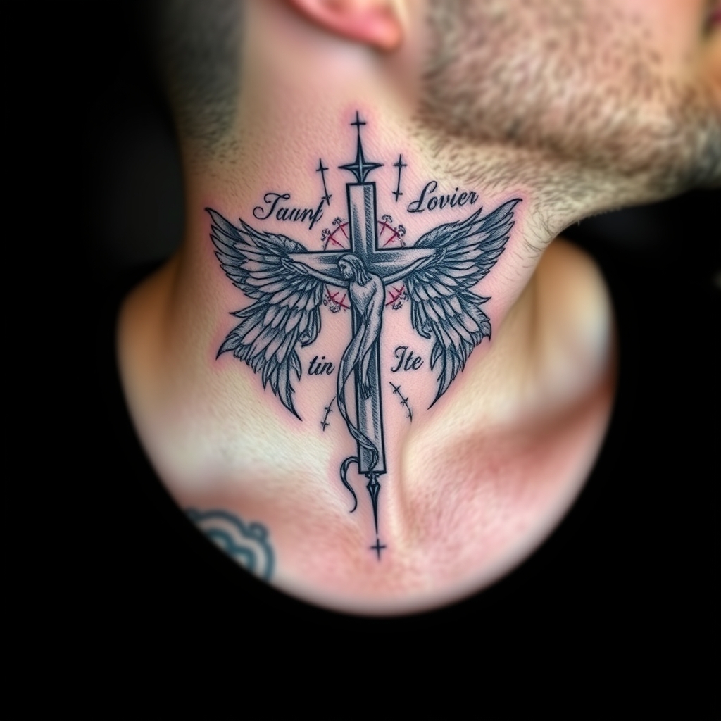A tattoo design of christian themed neck tattooo for a male in the style of realistic. - christian symbol tattoo design generated by AI tattoo generator