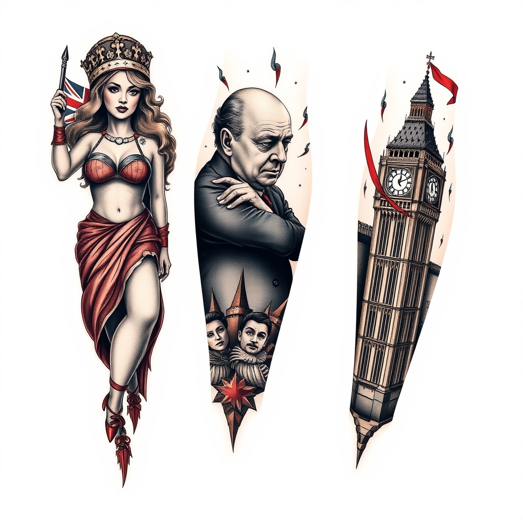 A tattoo design of Patriotic British tattoo with Boudicca and Britannia and Churchill Big Ben full leg sleeve in the style of realistic. - british history tattoo design generated by AI tattoo generator