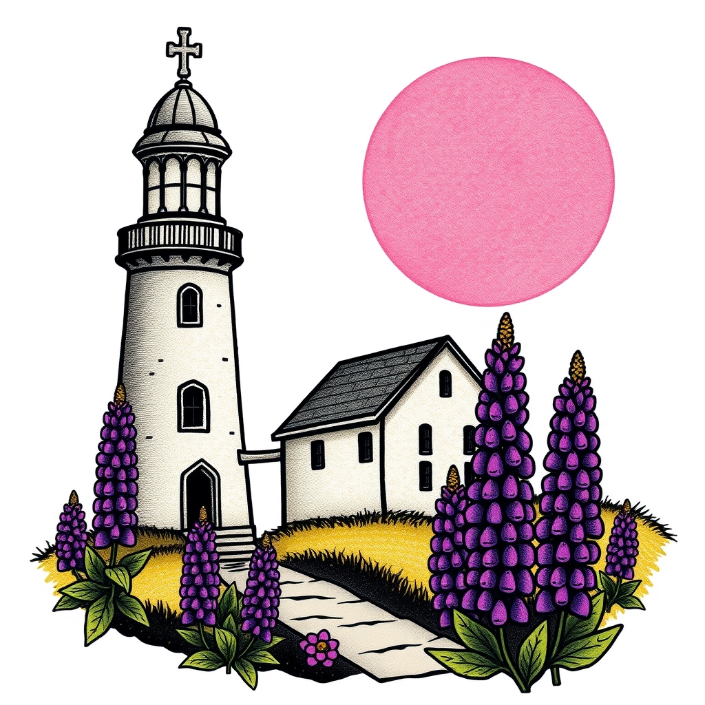 A tattoo design of Chapel and a lighthouse beside it with a pink moon an purple lupines in the style of traditional. - scenic landscape tattoo design generated by AI tattoo generator