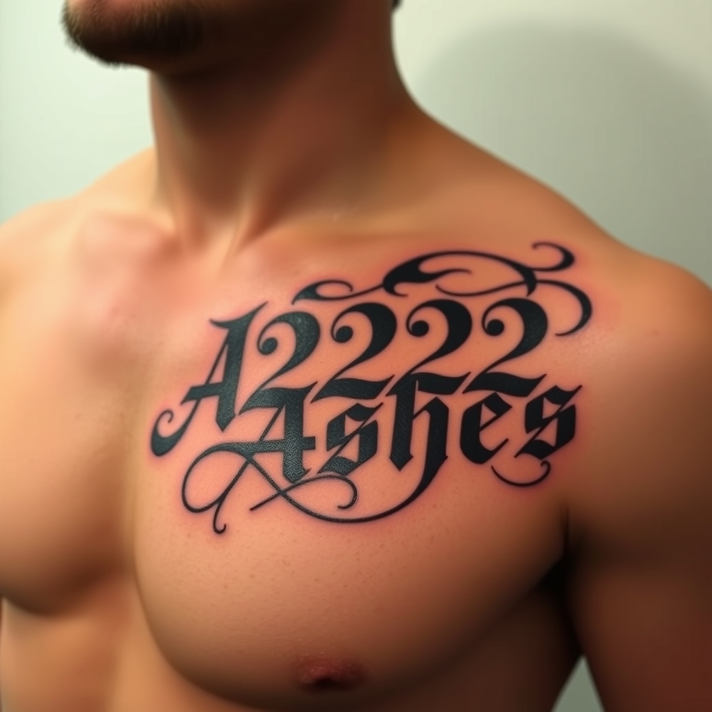 A tattoo design of Words "Ashes 222 Ashes" on left pectoralis in the style of tribal. - words tattoo design generated by AI tattoo generator