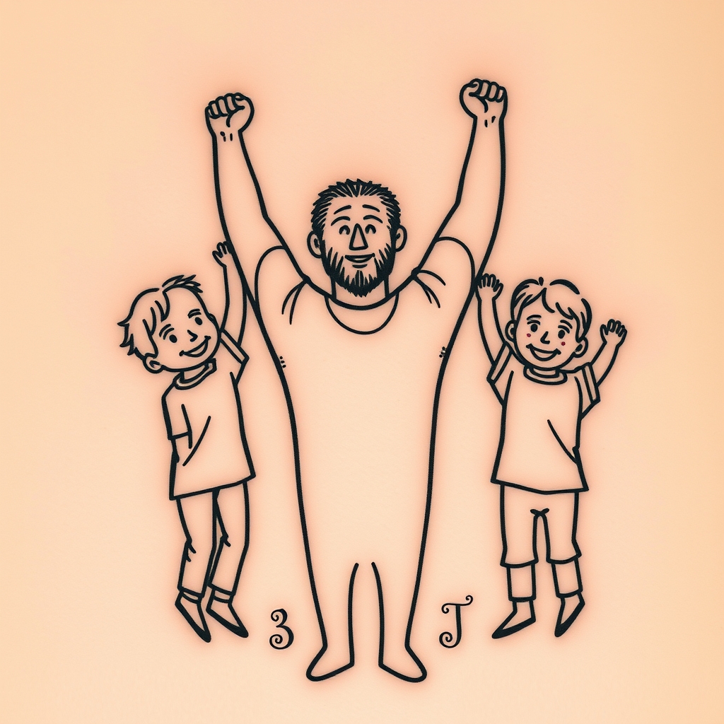 A tattoo design of A father lifting his 3 kids showing their birthdays in the style of traditional. - family portrait tattoo design generated by AI tattoo generator