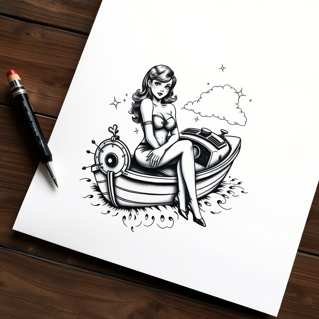 A tattoo design of b/w pinup girl on a vintage boat on white paper in the style of realistic. - pinup girl tattoo design generated by AI tattoo generator