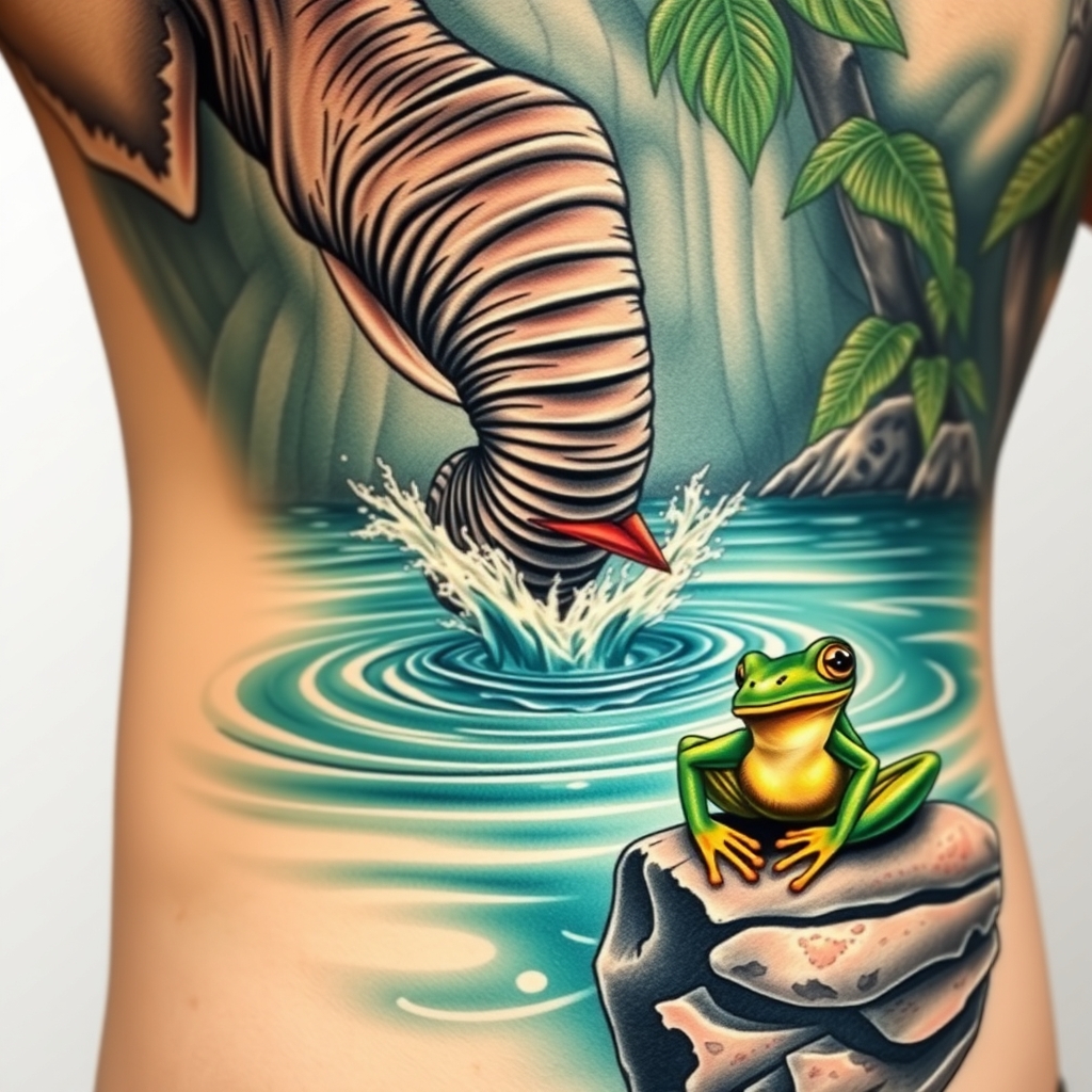 A tattoo design of Body of water in the rainforest, with an elephant trunk coming from out of view to reach into the water to drink. Bursting out of the water, a bright kingfisher bird. On the edge of the water sitting on a rock, a green tree frog in the style of realistic. - wildlife scene tattoo design generated by AI tattoo generator