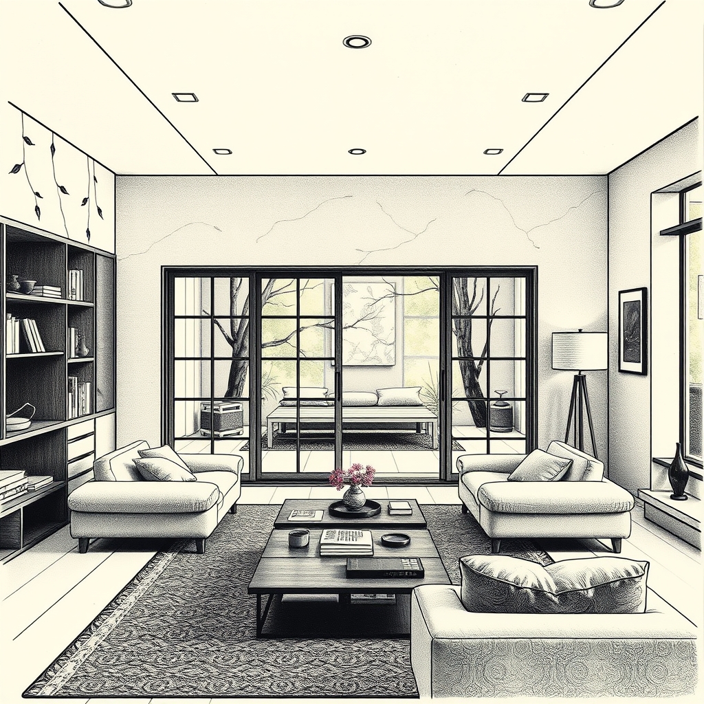 A tattoo design of A livingroom with 2 glassdoors ,soviet brutalism, by Alessio Albi in the style of japanese. - soviet brutalism tattoo design generated by AI tattoo generator
