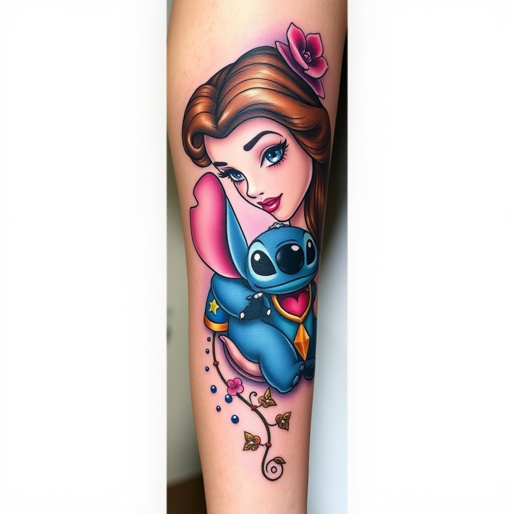 A tattoo design of Disney sleeve with belle and stitch in the style of realistic. - disney characters tattoo design generated by AI tattoo generator