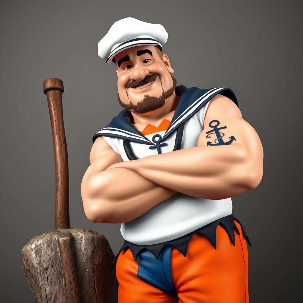 A tattoo design of Character & Pose Fred’s Iconic Build + Popeye’s Physique: Fred Flintstone’s round, amiable face—complete with his trademark stubble—is built on Popeye’s muscular frame, especially that legendary forearm power. Anchor Tattoo: Boldly inked on his forearm: Popeye’s classic anchor, seamlessly integrated into Fred’s rugged square-shouldered silhouette. Pose: Leaning casual and confident against Fred’s prehistoric club, angled slightly — suggesting a moment of rest after some mighty feats in Bedrock. Attire + Color Palette Popeye’s Sailor Outfit in Flintstone Hues: Shirt: Popeye’s white sailor shirt—reimagined in Fred’s signature orange-leopard pattern edged with Flintstone-style black jagged trim. Pants: Classic Popeye blue sailor trousers, but dyed in a rich Flintstone orange shade to match the shirt, trimmed black. Hat: Popeye's white cap, but the bill is stone-carved and slightly chipped for prehistoric flair. Props Club (Leaning On): A big, chunky stone club with vein-like cracks—clear Bedrock craftsmanship. Spinach Can (In Hand): A rock-hewn can labeled “Spinach” in a bold chiseled font, a vivid green leaf peeking out. --- 🖌️ Art Style Suggestions Neo‑Traditional / American Traditional Style: Clean, bold outlines (think thick black lines around character). A palette that’s bright but grounded: Flintstone orange, Popeye blue, leafy spinach green, stone-gray for props. Shading with stippling or classic Americana style for depth and texture. Color Balance: Orange-leopard pattern stays the dominant visual theme, grounding the design firmly in Fred's aesthetic—even as the sailor elements pop against it. in the style of traditional. - cartoon characters tattoo design generated by AI tattoo generator