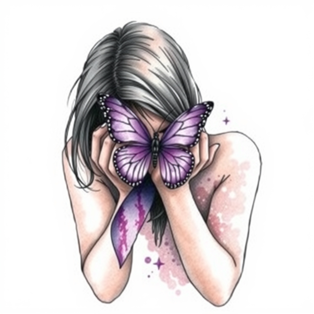 A tattoo design of Domestic violence ribbon awareness inclined together with a purple butterfly as a women hunched over her hands overing her face in the style of watercolor. - social awareness tattoo design generated by AI tattoo generator