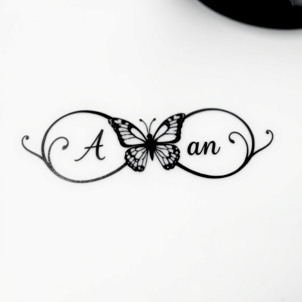 A tattoo design of Infinity symbol with the name Aaron butterfly in the style of blackwork. - symbol and name tattoo design generated by AI tattoo generator