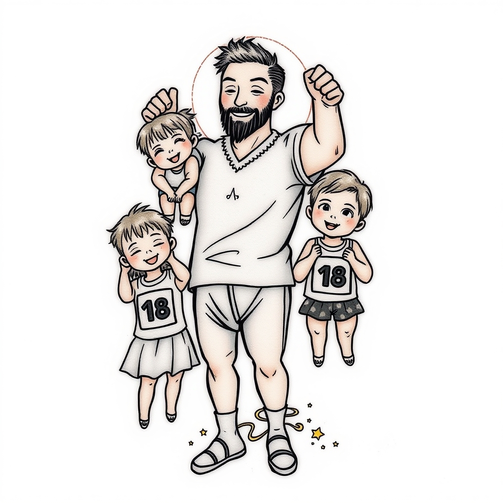 A tattoo design of A father lifting his 3 kids showing their birthdays in the style of japanese. - family portrait tattoo design generated by AI tattoo generator