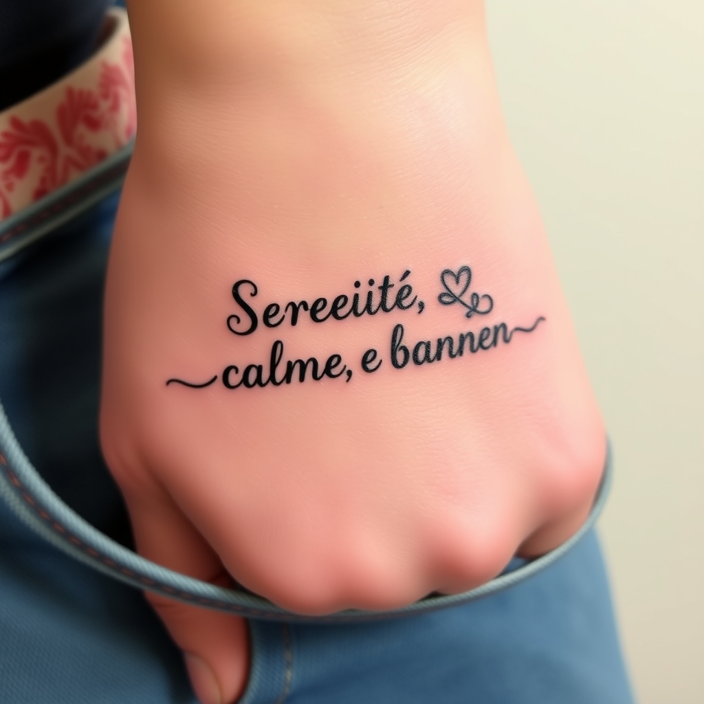 A tattoo design of Sérénité, calme et bonheur (ces trois mots dans un autre alphabet conne arabe ou autre, sous la forme de phrase en une ligne au poignet) avec éléments  in the style of tribal. - foreign language script tattoo design generated by AI tattoo generator