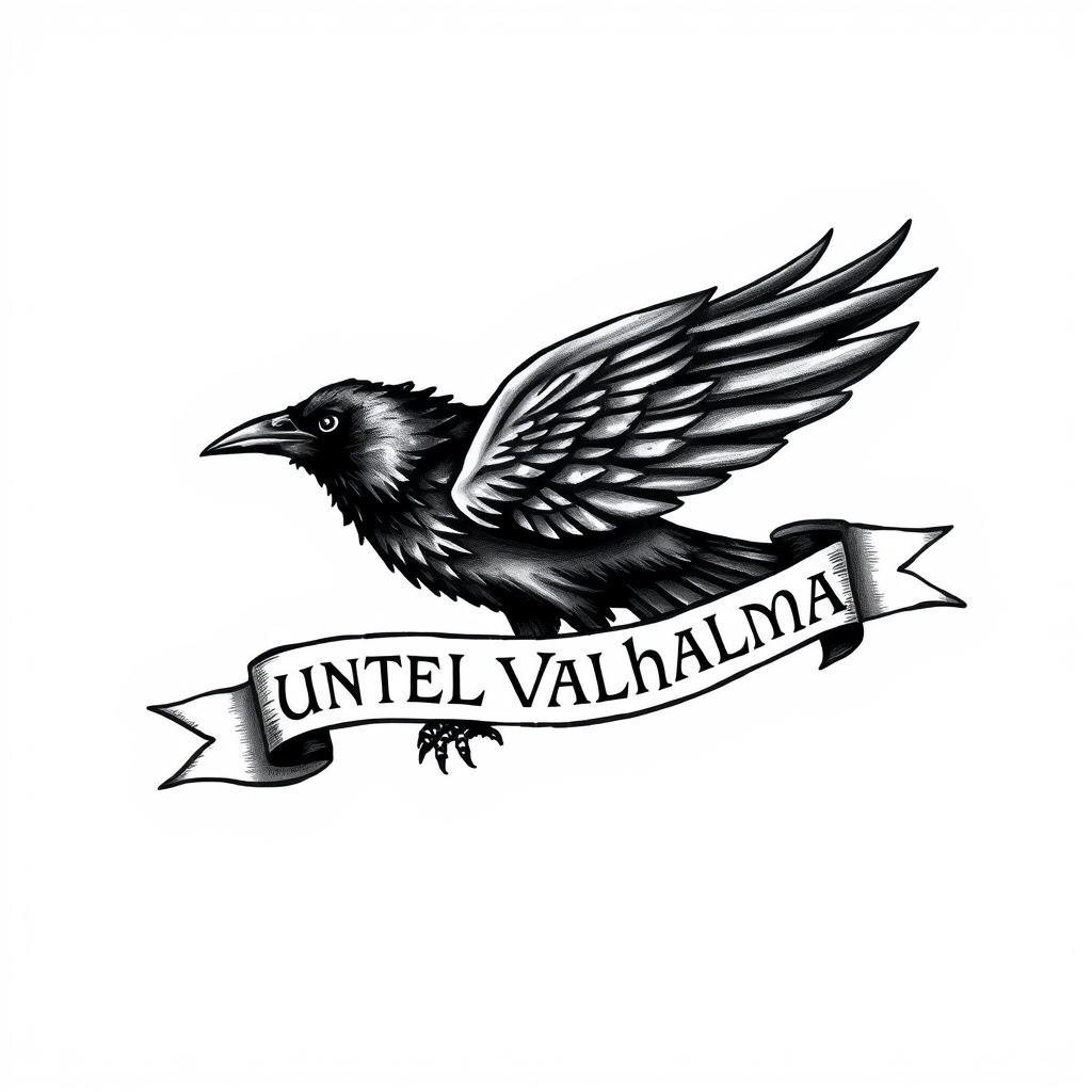 A tattoo design of Raven pow mia flag with a rune banner that says until Valhalla in runic text in the style of realistic. - military memorial tattoo design generated by AI tattoo generator