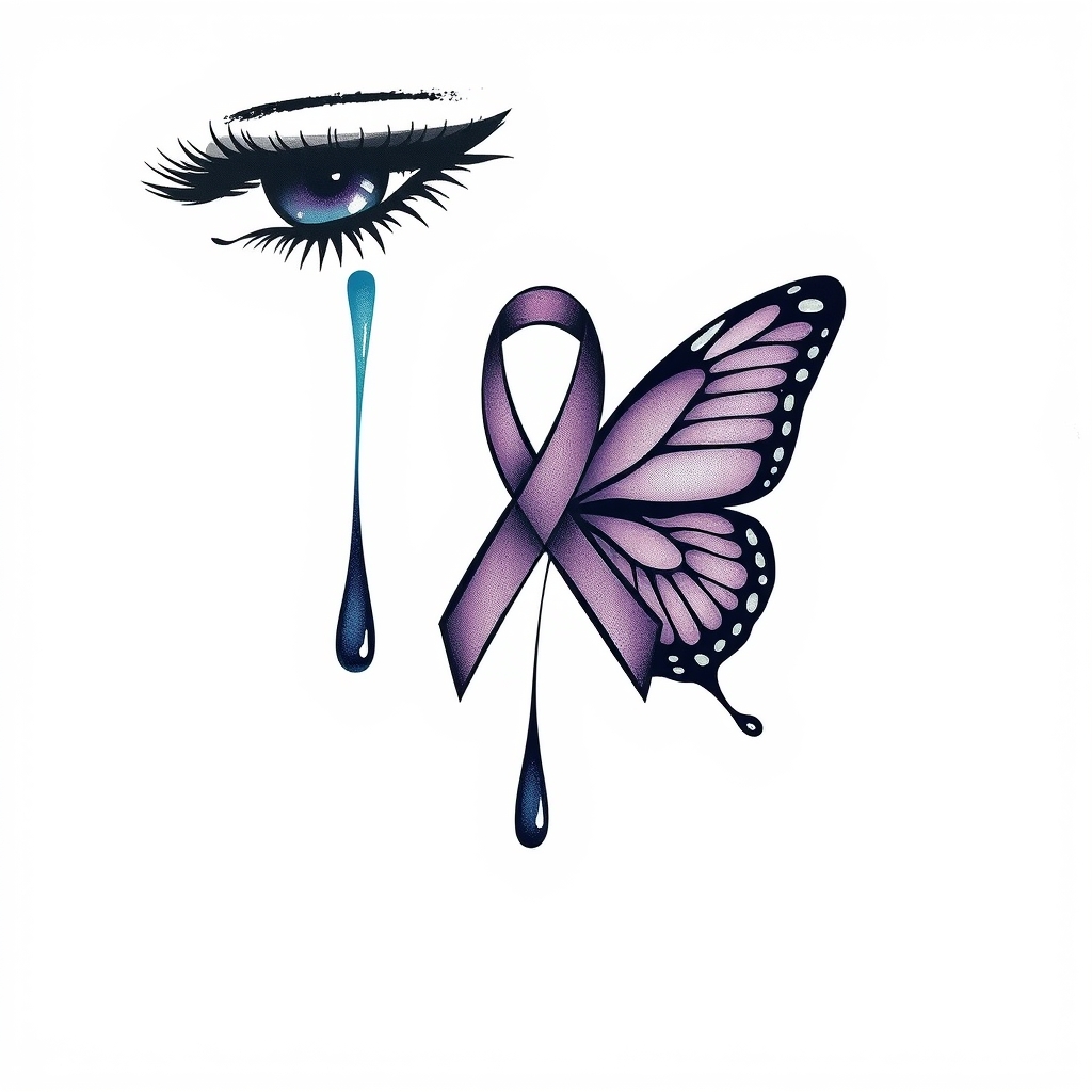 A tattoo design of A tear running down a woman's face with a domestic violence ribbon and a purple butterfly entwined together in the style of minimalist. - domestic violence awareness tattoo design generated by AI tattoo generator
