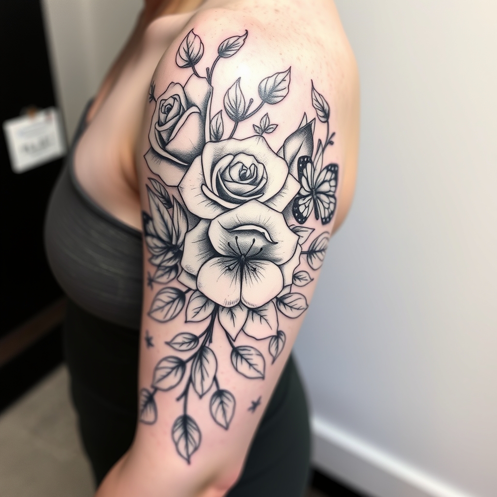 A tattoo design of A nice full half sleeve tattoo on the upper arm with rose's, butterfly's and vine leafs in black and white with fine line in the style of realistic. - floral nature tattoo design generated by AI tattoo generator