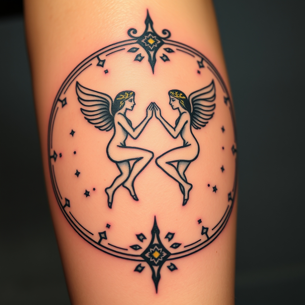 A tattoo design of gemini zodiac sign or constellation, symbolism for Alan watts teachings such as universal consciousness and letting go of the ego in the style of realistic. - zodiac astrology tattoo design generated by AI tattoo generator