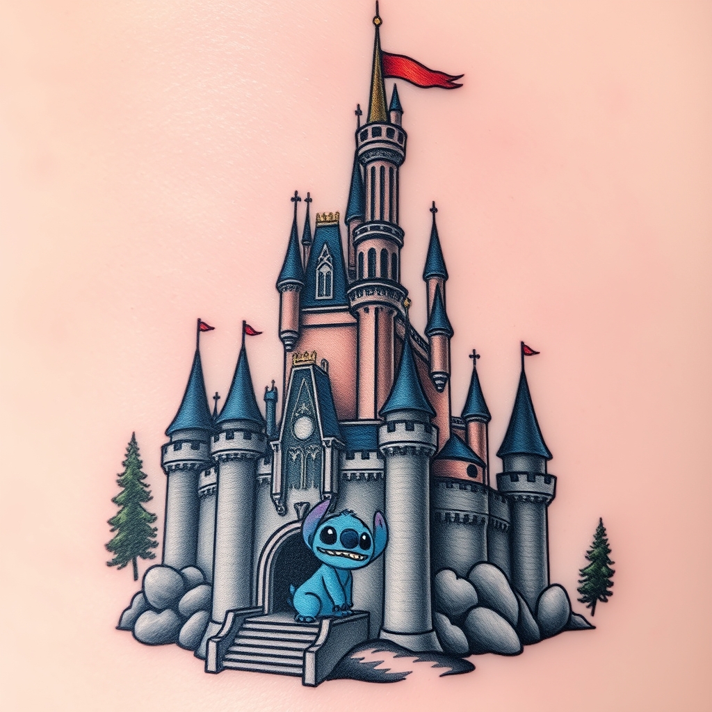 A tattoo design of Castello disney con treccia intorno ad una torre e in primo piano stitch molto piccolo che tiene un palloncino a forma di topolino in the style of realistic. - disney castle tattoo design generated by AI tattoo generator