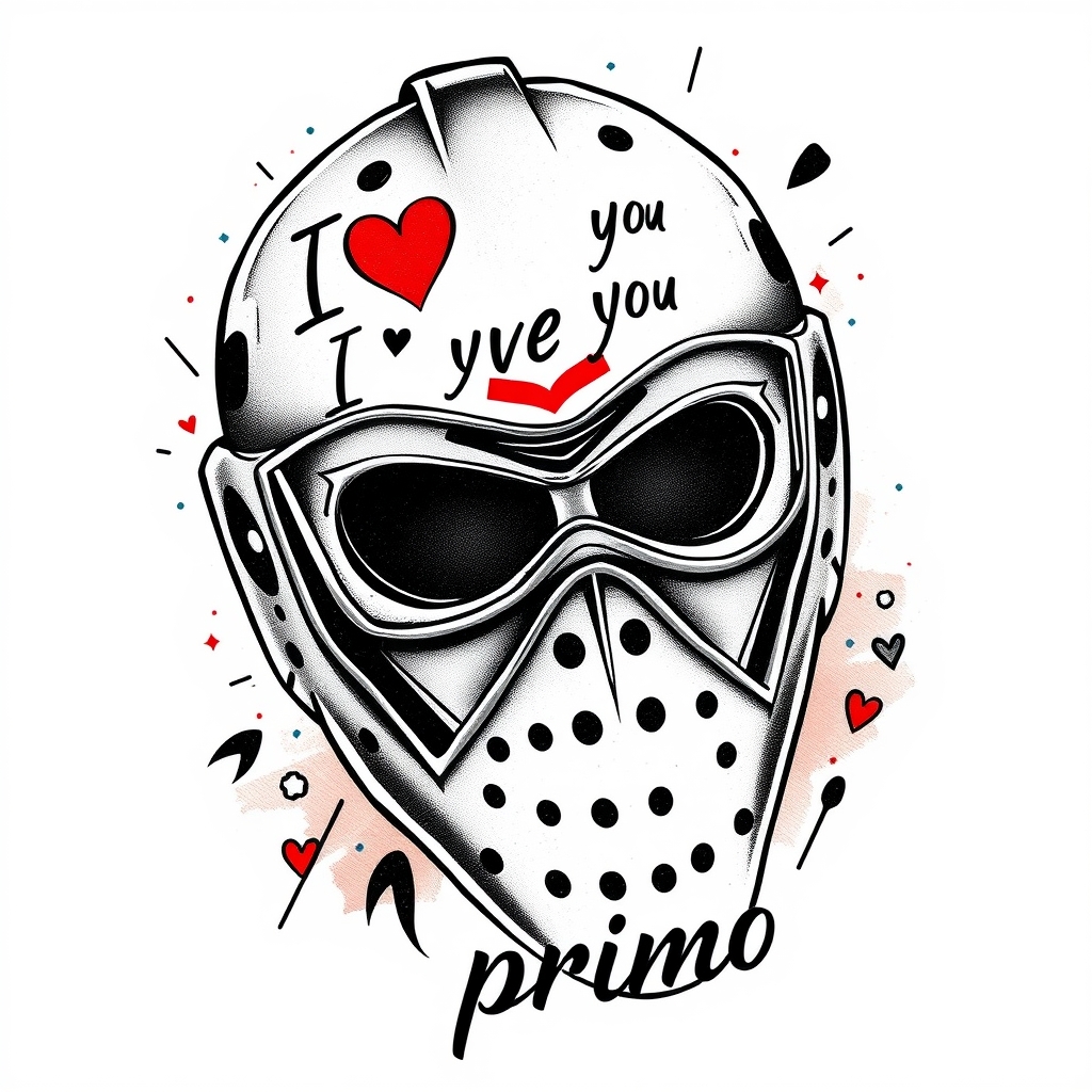 A tattoo design of Bernie parent goalie mask with the phrase " I love you" " never give up " and the name " primo " in the style of realistic. - sports equipment tattoo design generated by AI tattoo generator