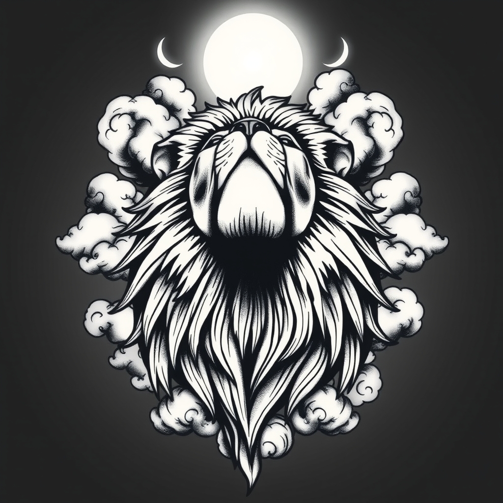 A tattoo design of Lion in the clouds looking down on his family in the style of blackwork. - animal family tattoo design generated by AI tattoo generator