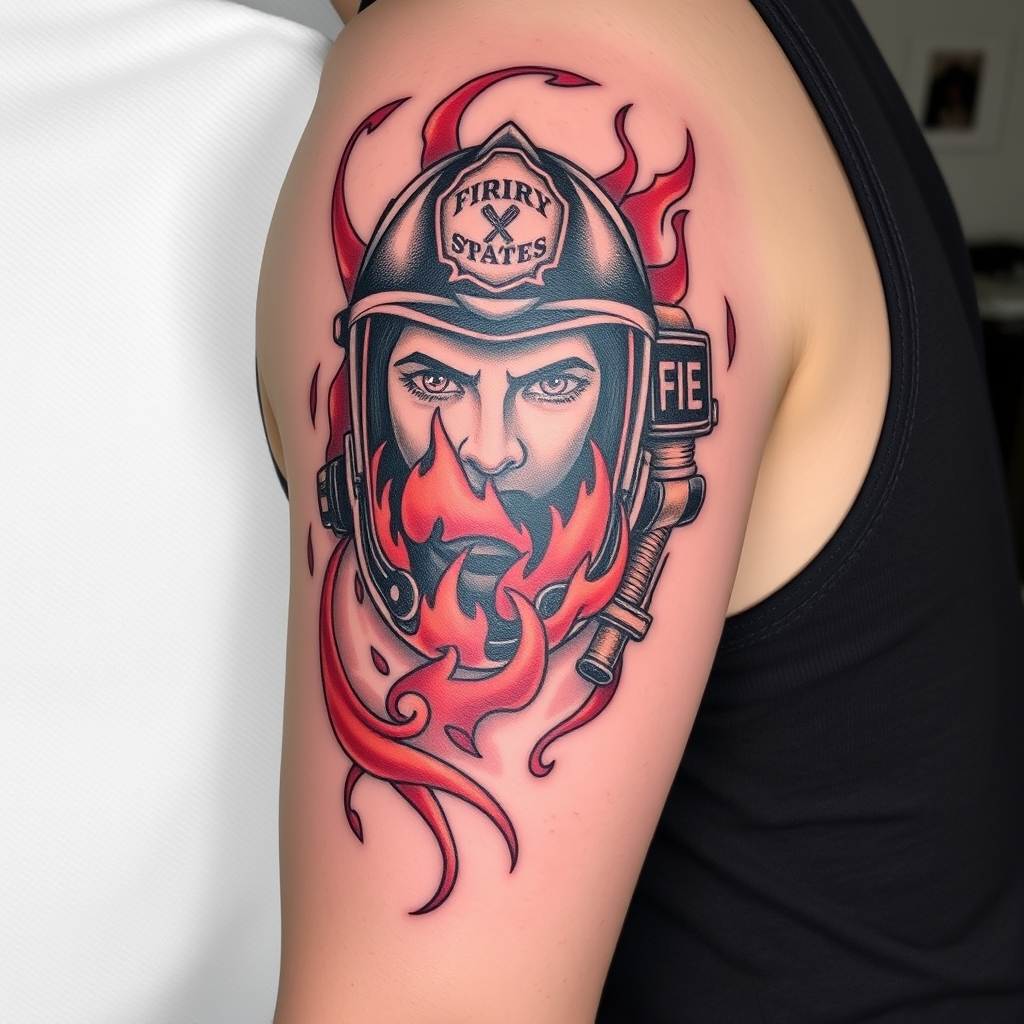 A tattoo design of simple fire fighter tattoo with semi colen for in the style of realistic. - fire fighter tattoo design generated by AI tattoo generator