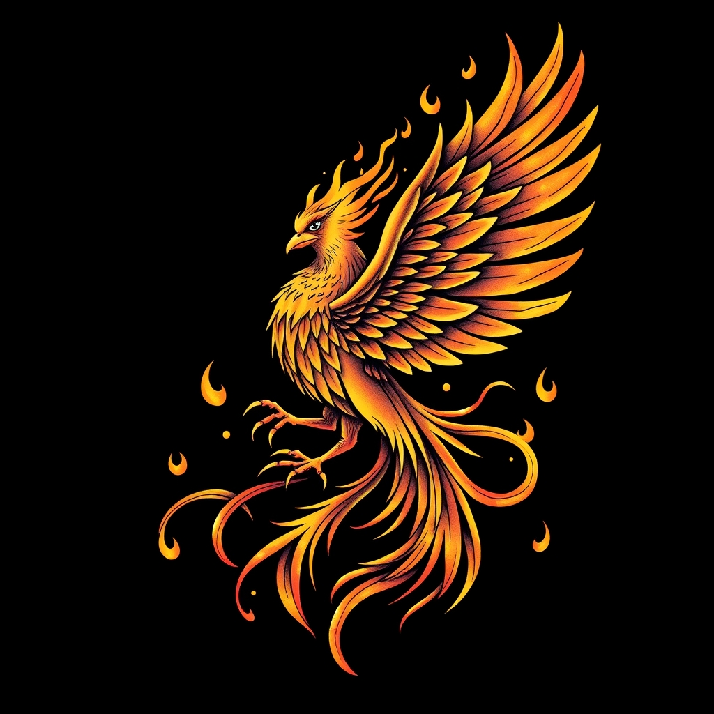 A tattoo design of pheonix, flames, whimsical in the style of surrealistic. - mythical creature tattoo design generated by AI tattoo generator