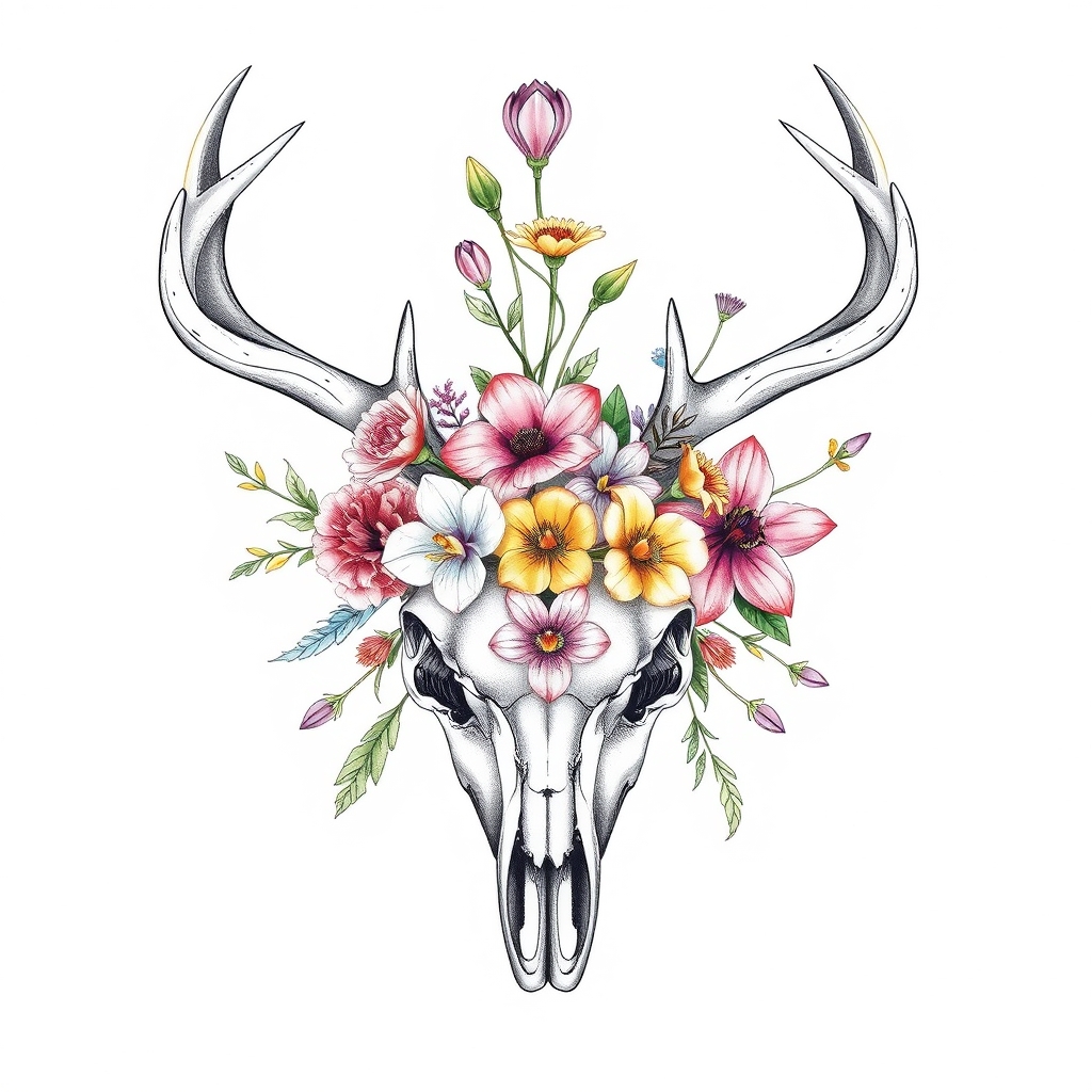 A tattoo design of a tattoo sketch of carnations, crocus, orchids, lilies and buffalo bean flowers arranged in the shape of a deer skull in the style of watercolor. - flowers and skulls tattoo design generated by AI tattoo generator