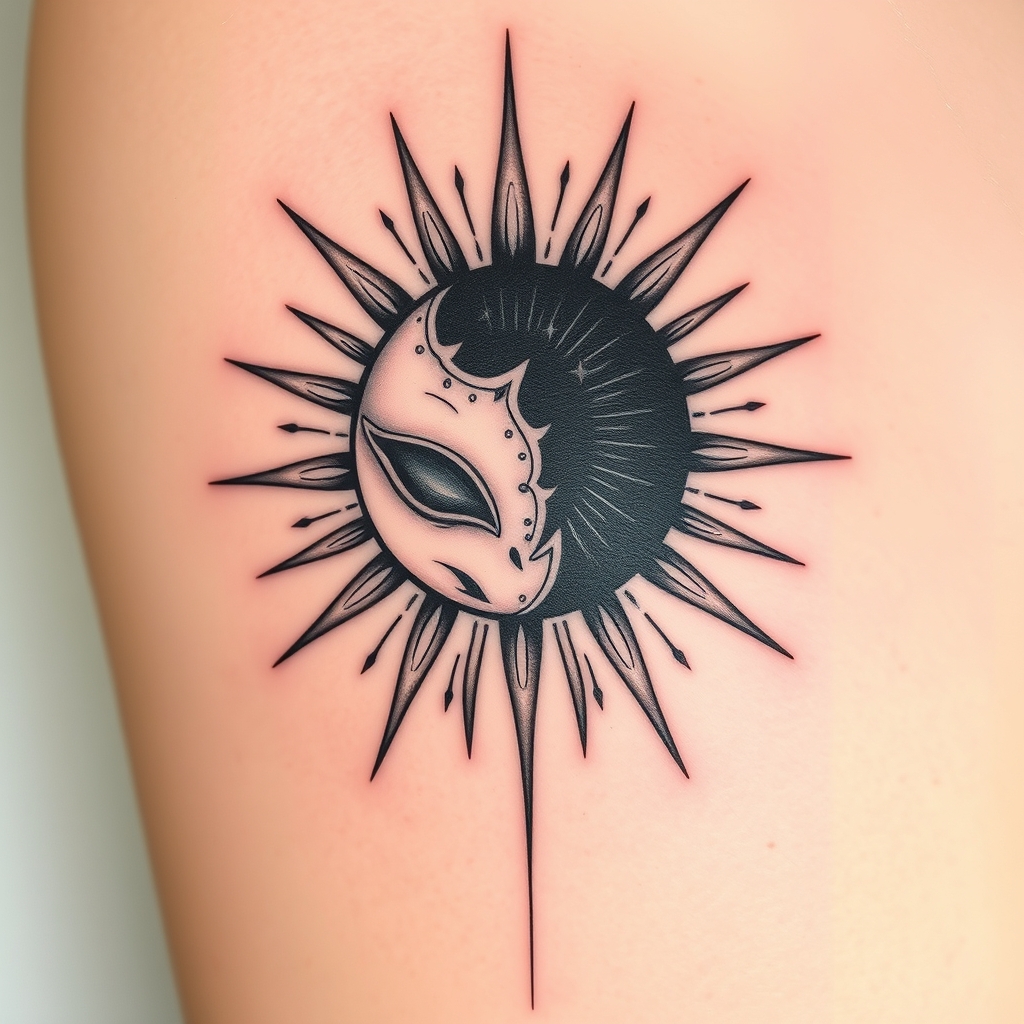 A tattoo design of simple alien whit solar hibrid eclipse in the style of realistic. - space astronomy tattoo design generated by AI tattoo generator