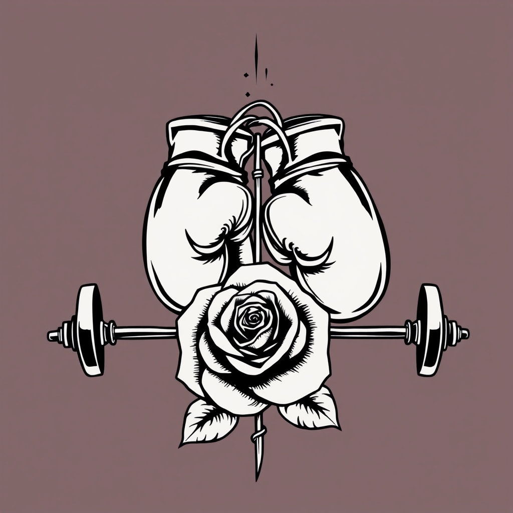 A tattoo design of A pair of boxing gloves, a barbell, and a rose in the style of blackwork. - sports equipment tattoo design generated by AI tattoo generator