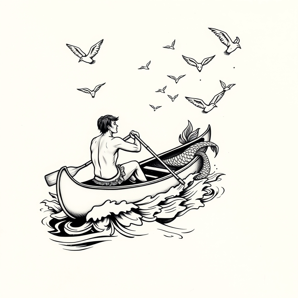 A tattoo design of A man paddling a canoe into water with birds flying above and a mermaid next to the canoe in the water in the style of japanese. - mythical sea creatures and water activities tattoo design generated by AI tattoo generator