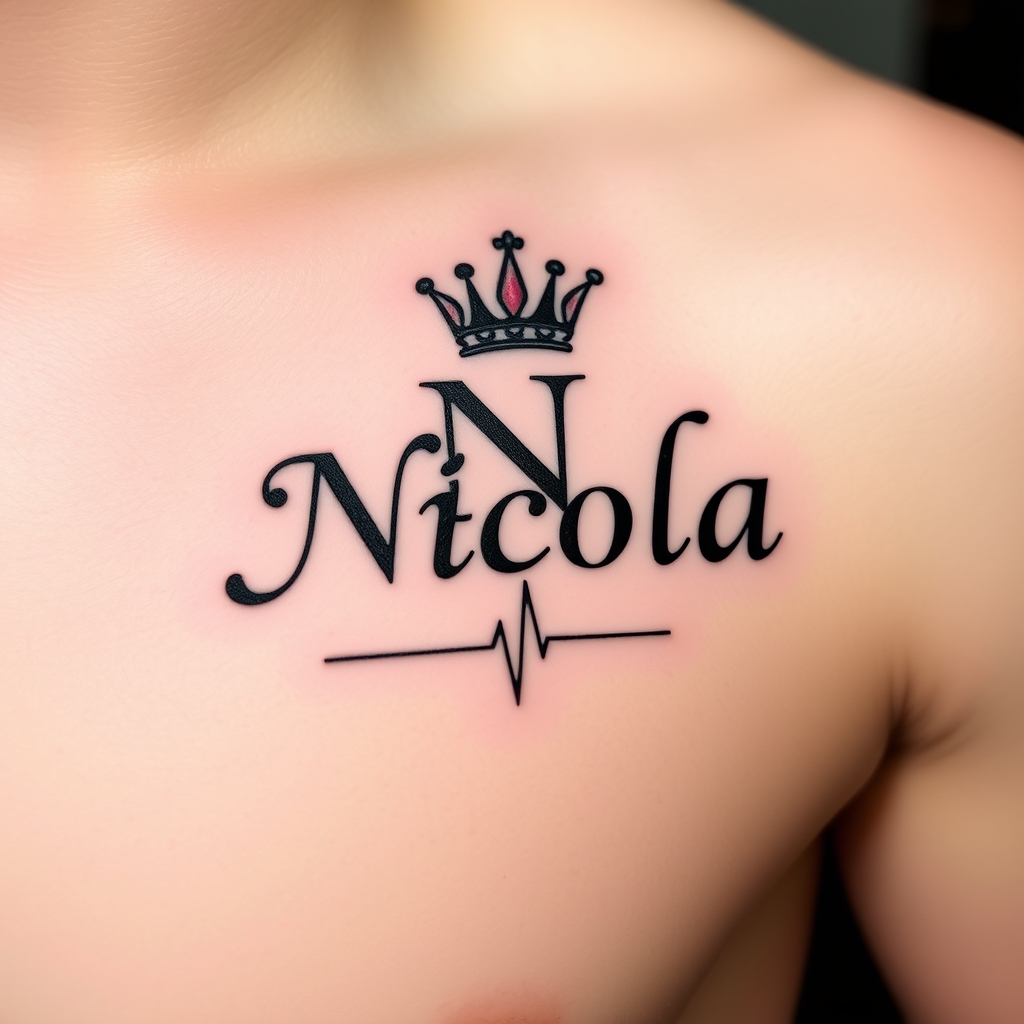 A tattoo design of Il nome Nicola con una corona sopra la N del nome e il battito cardiaco che prosegue dopo il nome su una linea continua in the style of minimalist. - name design tattoo design generated by AI tattoo generator