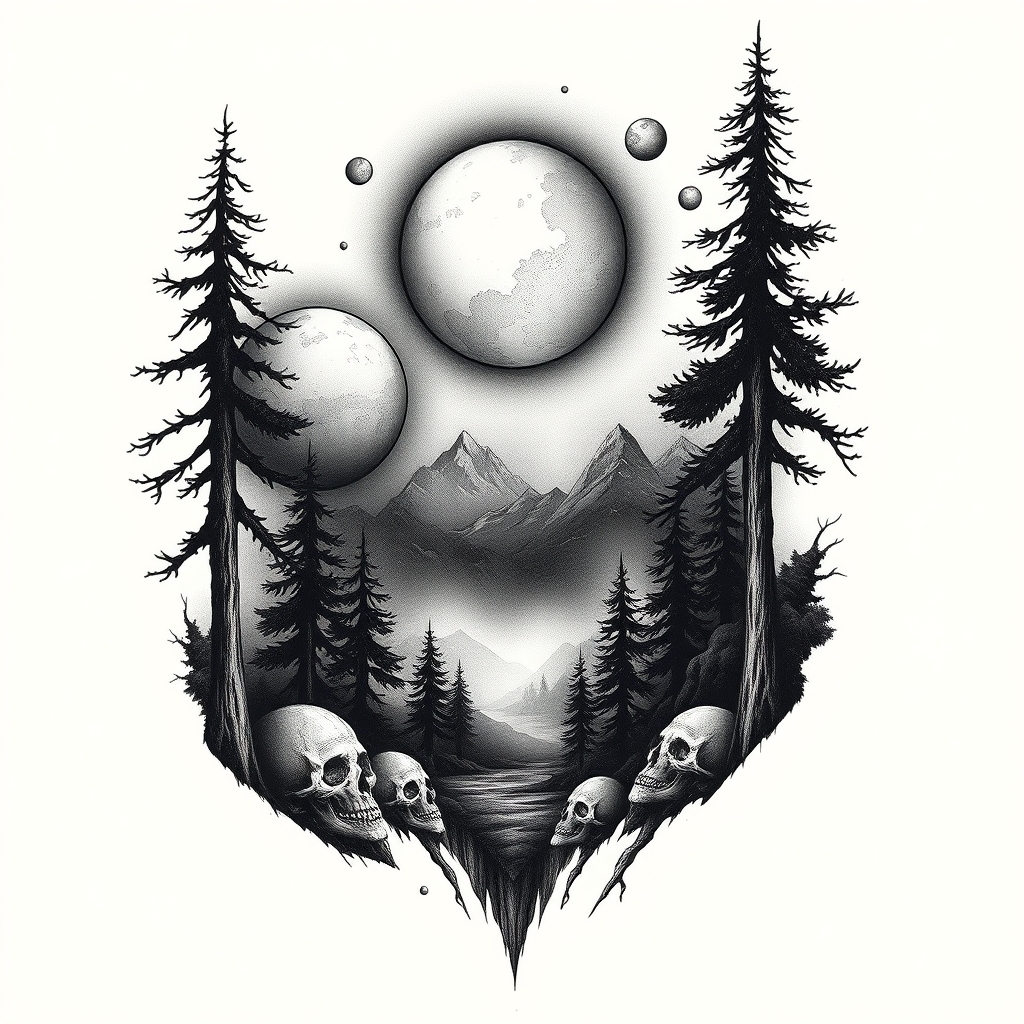 A tattoo design of Dark Forest and planets in the style of realistic. - space and nature tattoo design generated by AI tattoo generator