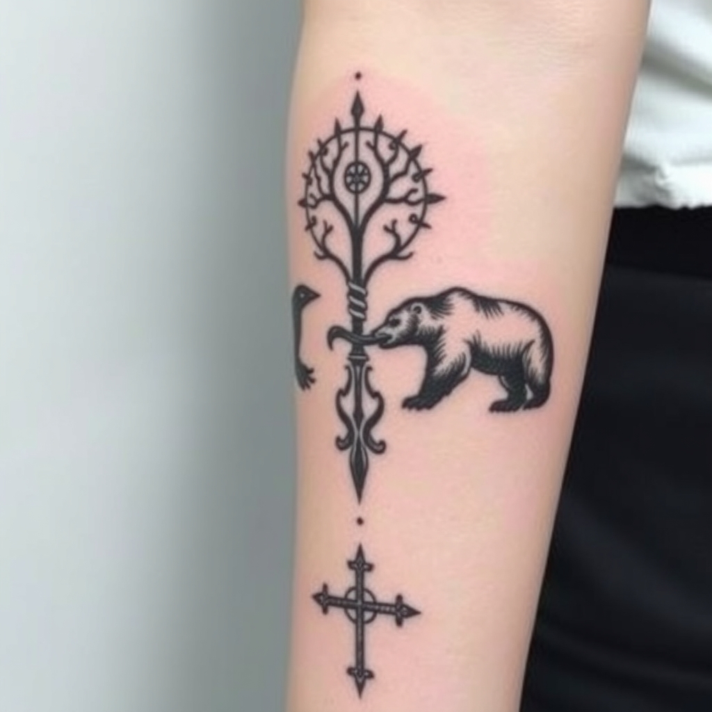 A tattoo design of feminine, odins ravens, wyrd, yggdrasil, vegvisin, valknut, troll cross and bear, add a little red Down my arm onto my wrist in the style of minimalist. - norse mythology tattoo design generated by AI tattoo generator