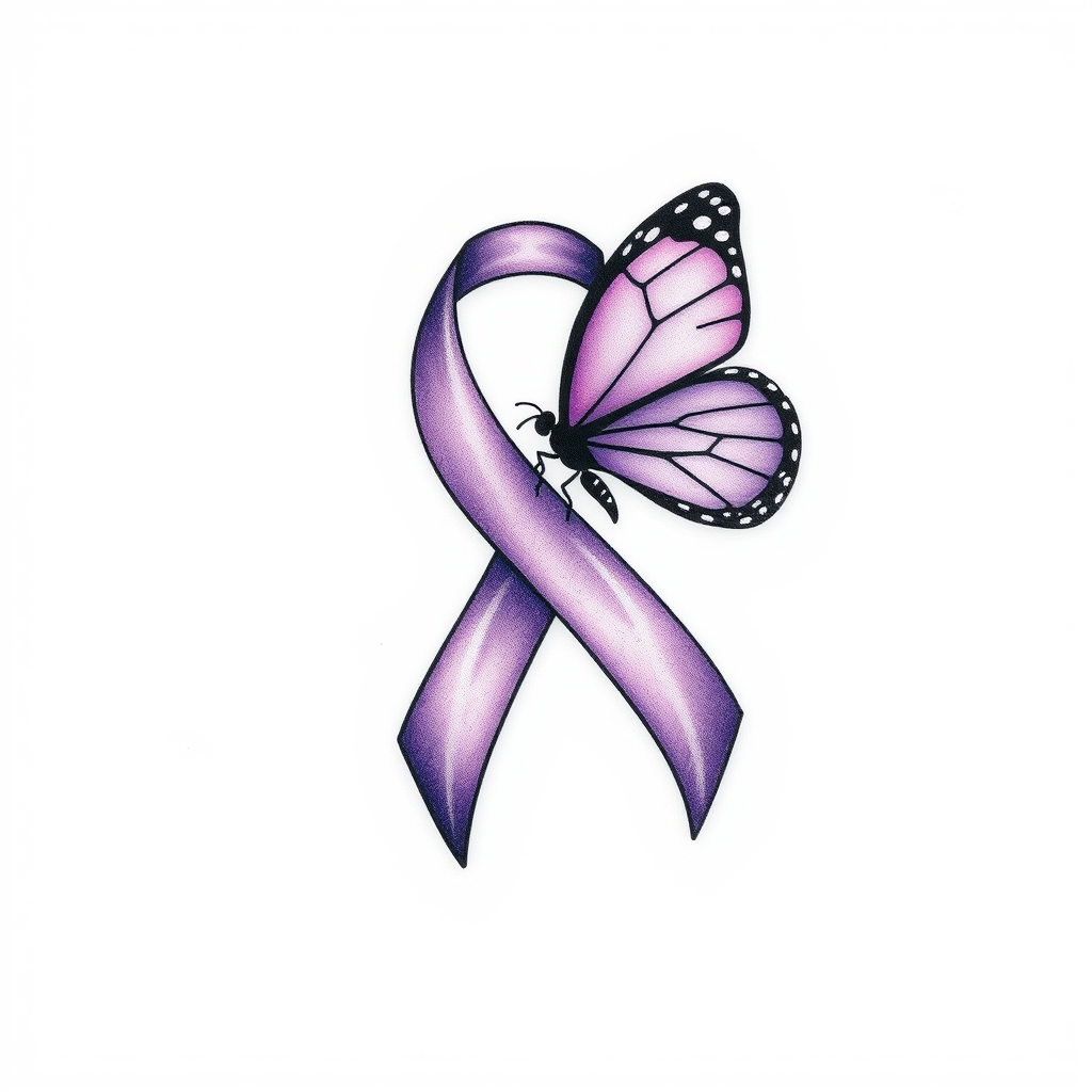 A tattoo design of Domestic violence ribbon awareness inclined together with a purple butterfly  in the style of minimalist. - social awareness tattoo design generated by AI tattoo generator