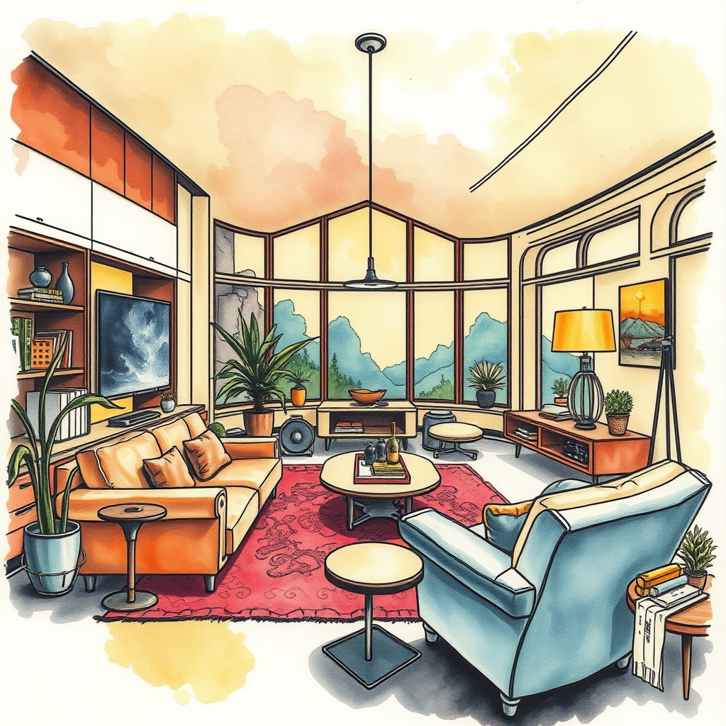 A tattoo design of A livingroom, retrofuturism, by Frank Lloyd in the style of watercolor. - architecture tattoo design generated by AI tattoo generator