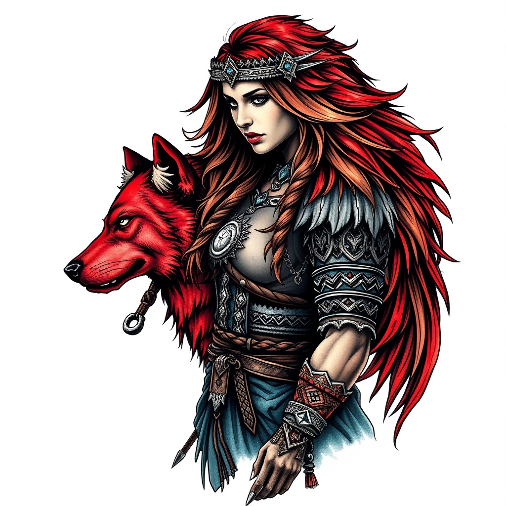 A tattoo design of A northern warrior goddess with a red dire wolf at her side in the style of surrealistic. - northern warrior goddess tattoo design generated by AI tattoo generator