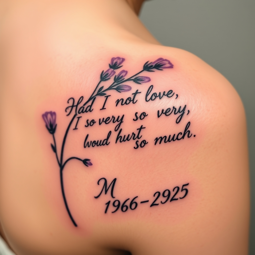 A tattoo design of right shoulder blade tattoo. Lavender with the words Had I not loved so very much, I would not hurt so much in cursive. Mom 1964-2025 underneath in serif  in the style of surrealistic. - memorial quote tattoo design generated by AI tattoo generator