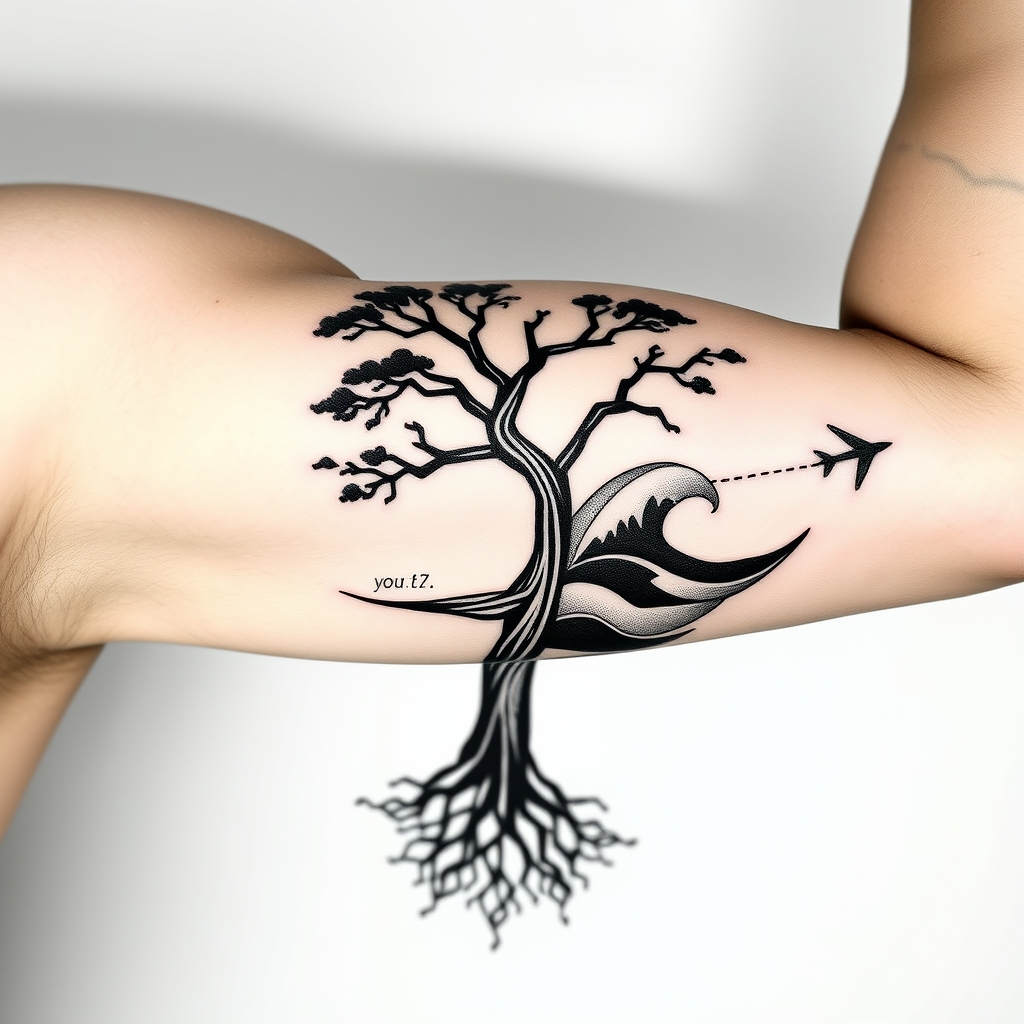 A tattoo design of Style: Geometric black‑work, dot‑shading Placement: Upper arm (biceps only) Design: At inner biceps, dense hexagon base with fine root‑like lines merging downward. From this base, a stylized geometric tree trunk rises, branching outward across the biceps curve. Between branches, weave bold yet flowing black wave motifs with subtle dot‑shade texture to symbolize water/movement. On the outer biceps, integrate a minimalist geometric airplane wing (or compass arrow) emerging from the central branch. Use negative space to keep the design airy and dynamic. Keep line weights heavier at roots/trunk, finer toward branches and waves. in the style of abstract. - tree with airplane tattoo design generated by AI tattoo generator