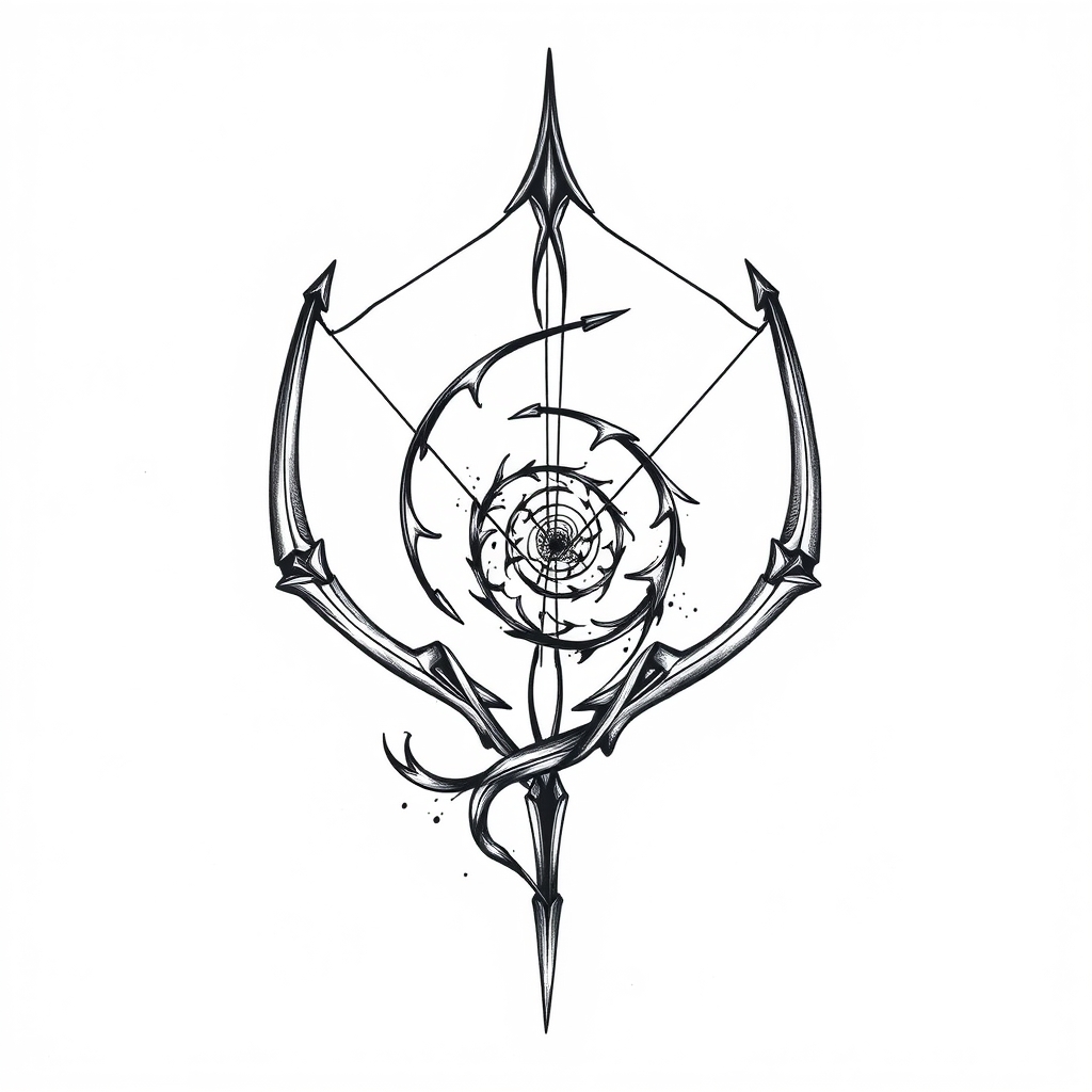A tattoo design of three interlocking longbows and spiraling from a center ppint in the style of blackwork. - archery symbols tattoo design generated by AI tattoo generator