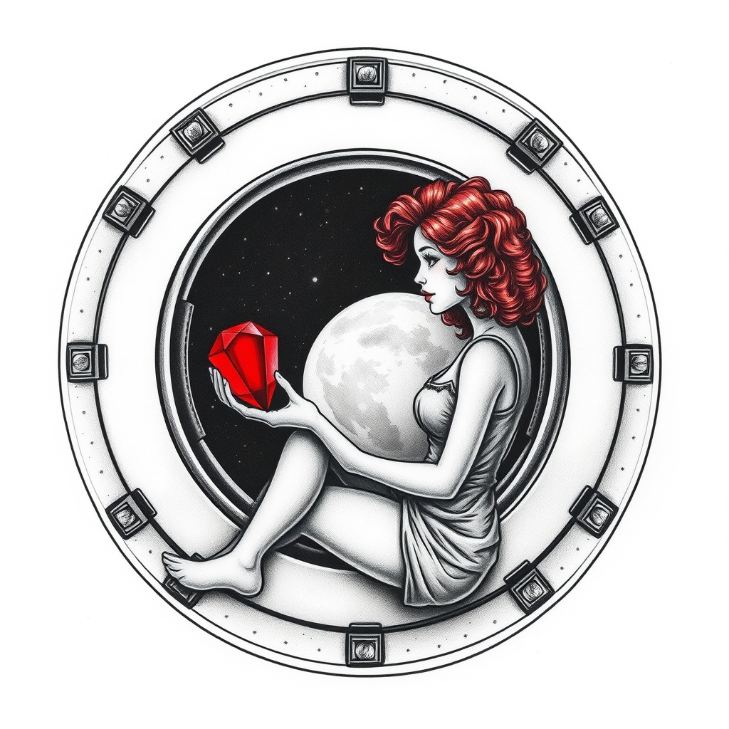 A tattoo design of Black and grey style. Curious redhead woman in romper with curly hair sitting in a small space capsule alone. Floating through space with nothing to keep her company but a shining red ruby which she holds close by the porthole window. They are both sitting by the window peering out on an unknown planet. in the style of realistic. - space travel tattoo design generated by AI tattoo generator