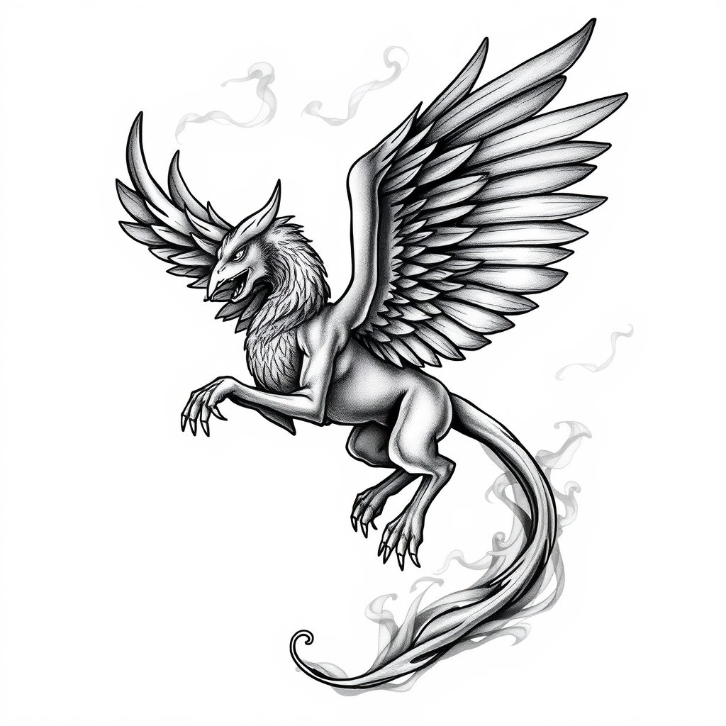 A tattoo design of A griffen made of smoke in flight in the style of surrealistic. - mythical creatures tattoo design generated by AI tattoo generator