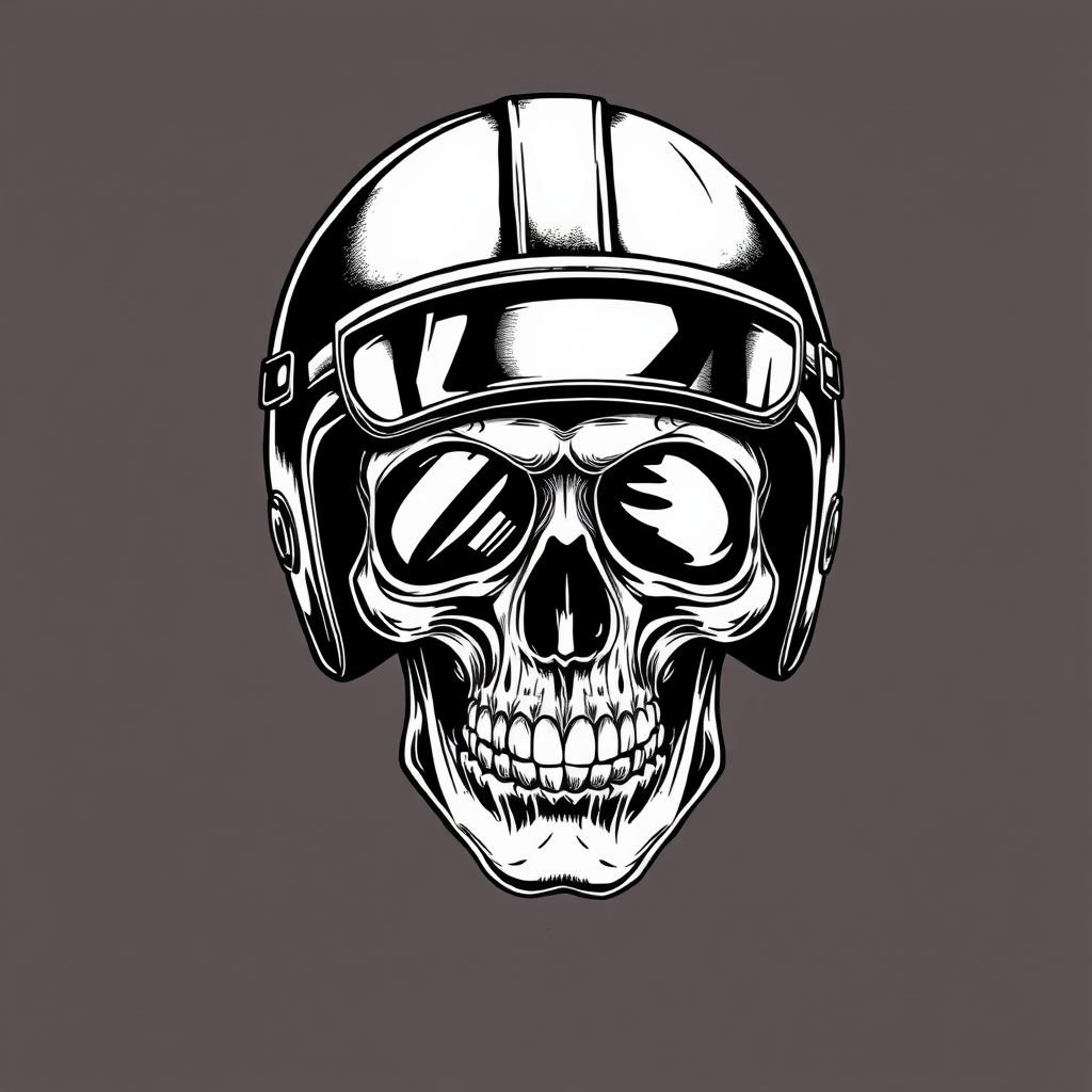 A tattoo design of vintage skull wearing old motorcycle helmet with glass on it in the style of blackwork. - skull tattoo design generated by AI tattoo generator