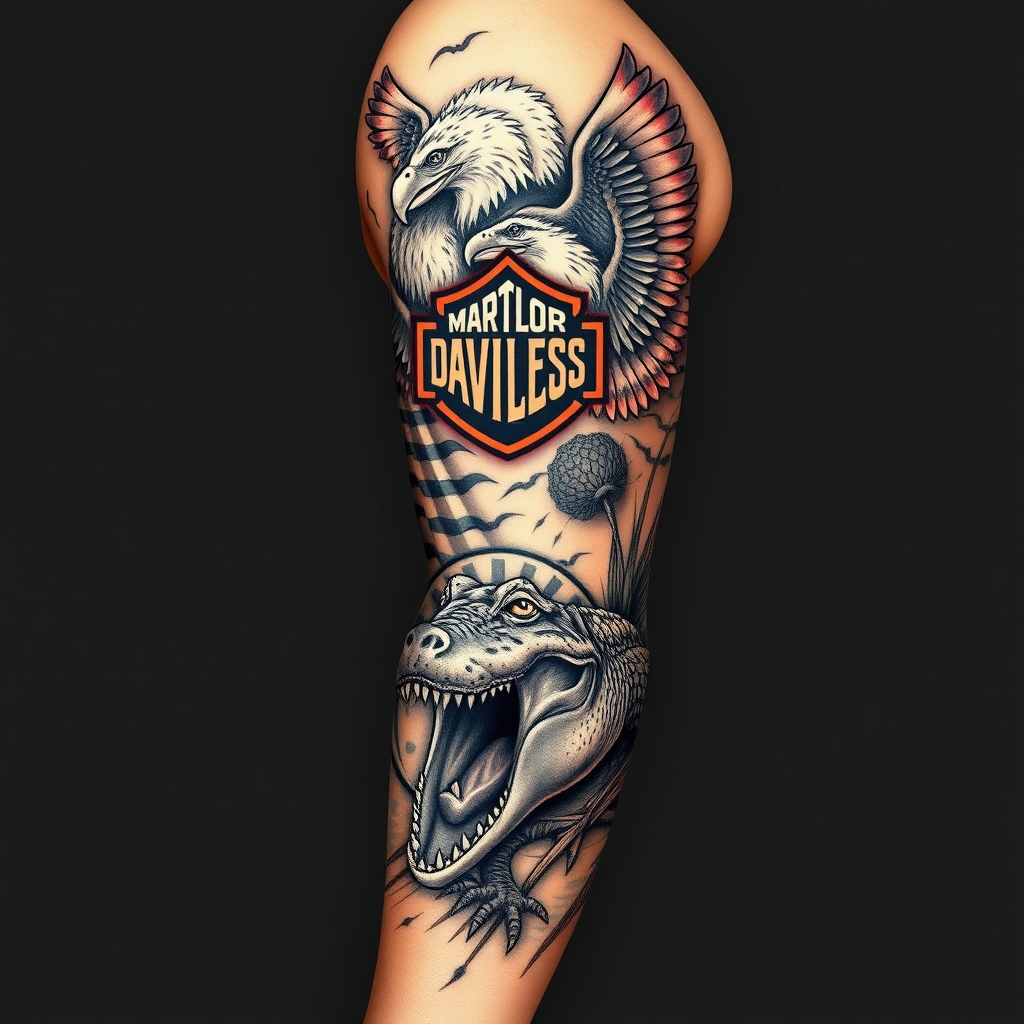 A tattoo design of Right arm full sleeve with the upper containing Harley Davidson theme with eagles mixed with the lower of Florida swamp theme with alligator in the style of realistic. - motorcycle wildlife tattoo design generated by AI tattoo generator