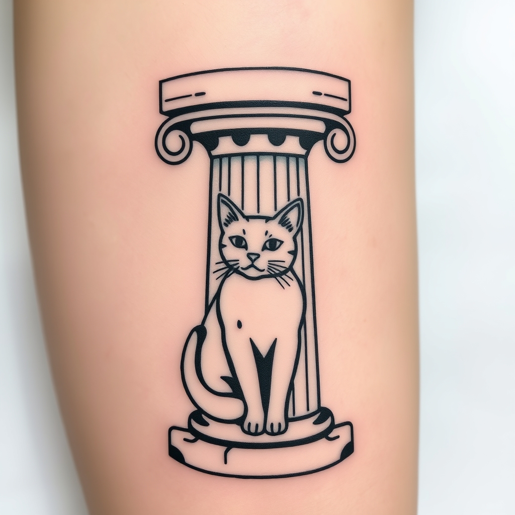 A tattoo design of Greek pillar with a cat  in the style of minimalist. - architecture animal tattoo design generated by AI tattoo generator